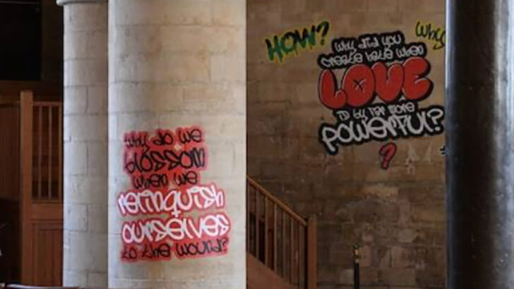 Graffiti and coffee in a sacred space